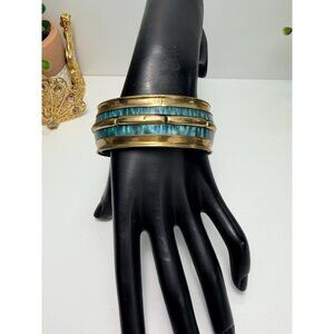 Vintage Chunky Teal Resin And Brass Bangle Bracelet Size 8.25 Pretty